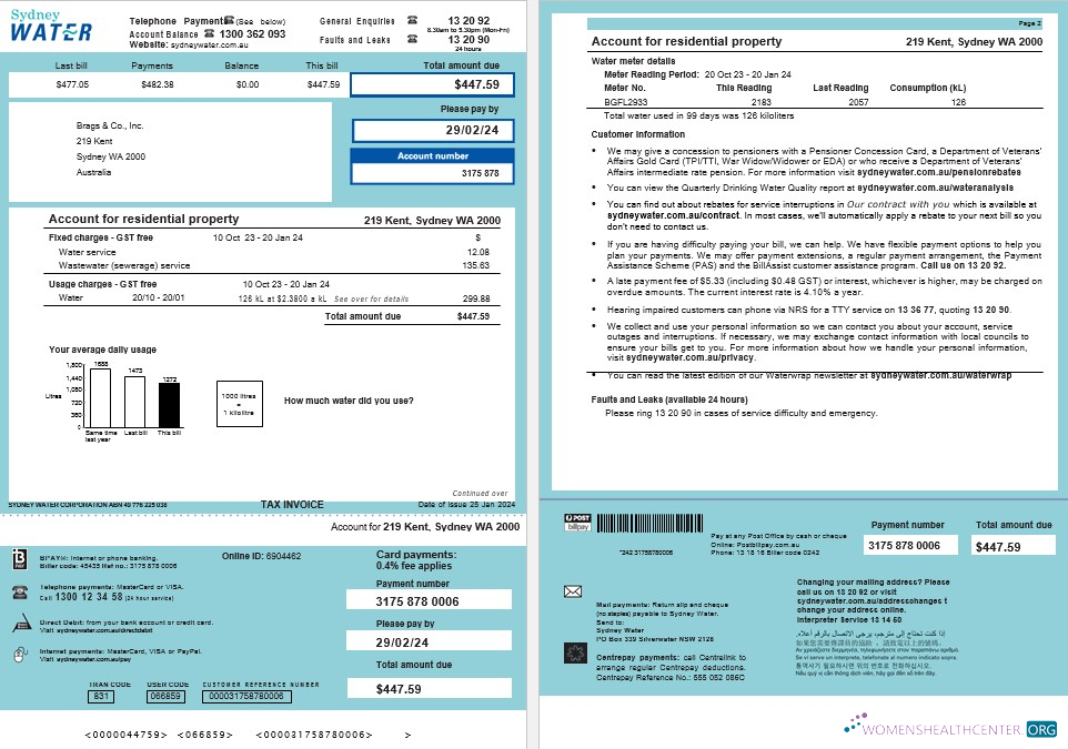 Download Australia Sydney Water business utility bill, Word and PDF template, 2 pages Photoshop template